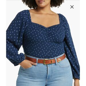 Madewell Lucie Floral Smocked Top Women's XXL Balloon Sleeve Crinkle Indigo